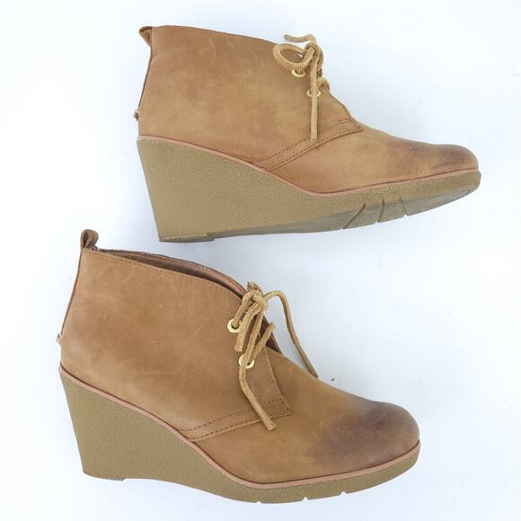 Sperry Wedge Leather Boot Lace Up Size 7.5 Brown Tan Distressed Boho Festival - Picture 2 of 7